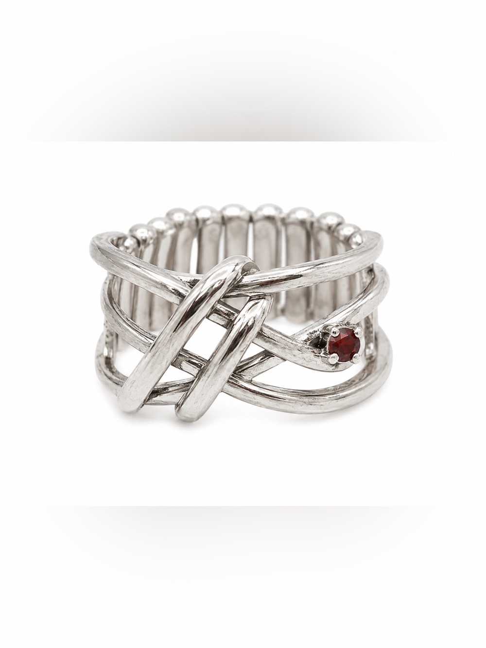 Silver Tone Crisscross Wrap Ring with Red Crystal Accent Adjustable Statement Ri